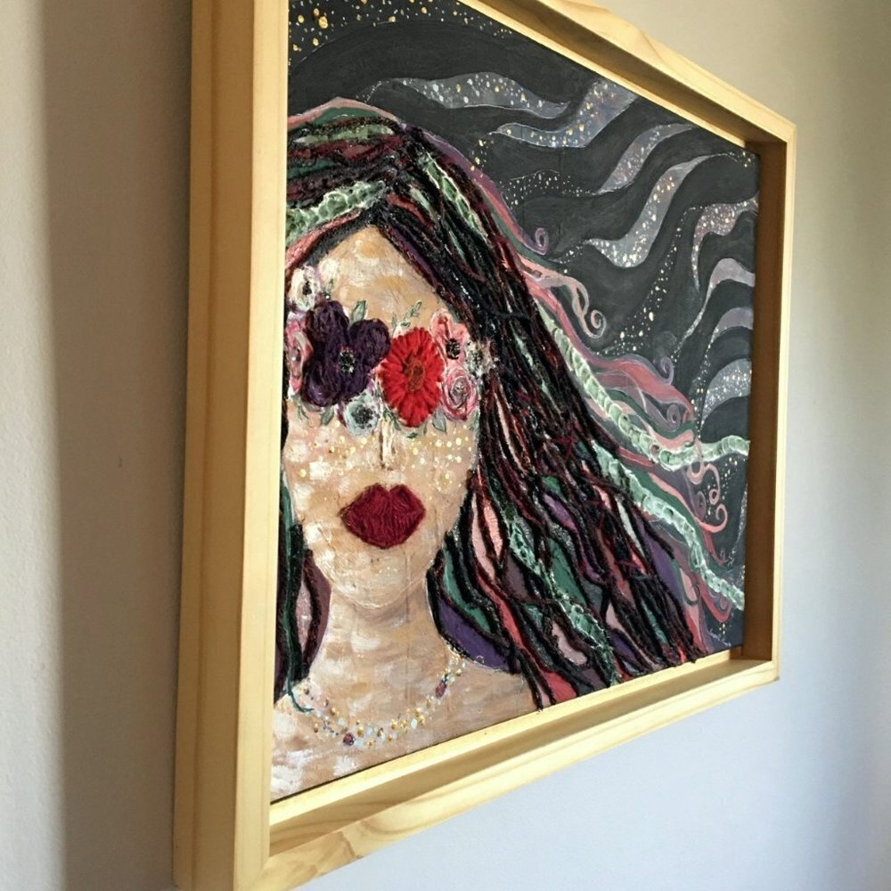 Boho Painting with Embroidered Flowers, Girl Mother Nature Art, Witchy Decor - Picture 9 of 12